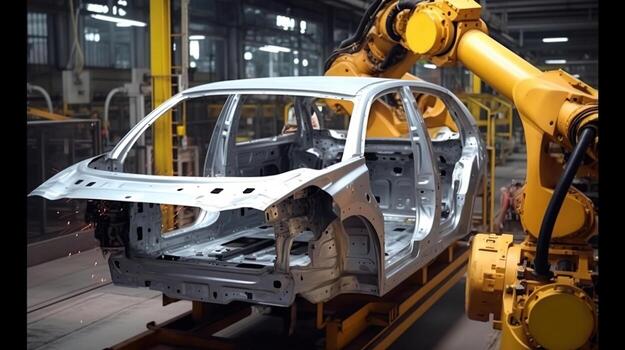 Innovative Manufacturing, Using Robotics to Construct Car Frames and Bodies for the Next Generation of Vehicles. Generative AI photo