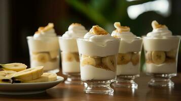 Glasses with delicious banana pudding on table. AI Generative photo