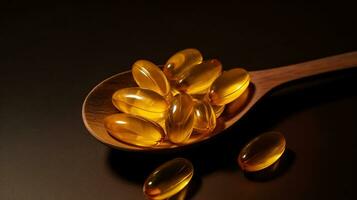 Pile of omega 3 fish liver oil capsules in wooden spoon. Big golden translucent pills on isolated background. Healthy daily fatty acids nutritional supplement. Generative AI photo