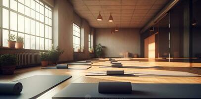 Modern yoga gym interior with unrolled yoga mats equipment , Sports gym exercises , Healthy lifestyle. Generative AI photo