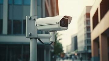 seguridad cámara en moderno edificio. profesional vigilancia cámaras cctv en el pared en el ciudad. vídeo equipo para la seguridad sistema zona controlar exterior. generativo ai foto