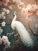 A beautiful spring scene of spring, with beautiful white peacock's glittering feathers, AI Generative photo