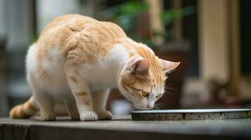 Feeding food to hungry chubby lovely cat or pet and stand up to waiting, generative ai photo