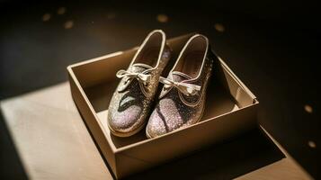 Box with pair of sparkly female shoes on floor, top view, AI Generative photo