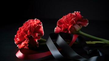 Black funeral ribbon with carnation flowers on dark background, AI Generative photo