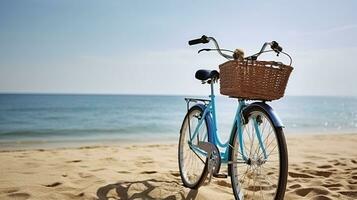 Feminine bicycle of comfort class with empty basket on the sandy beach of mediterranean sea. Blue cruiser bike on sunny day at sea shore. Generative AI photo