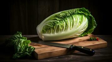 Fresh cut chinese cabbage on wooden background. AI Generative photo