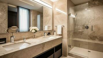 interior de un lujo hotel baño con beige mármol paredes ai generativo foto