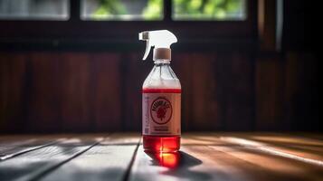 House cleaning product on wood table, free space, commercial photography. AI Generative photo