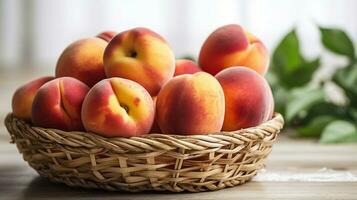 Bunch of ripe organic peaches in a wicker bowl, white wooden table background. Local produce fruits in a basket. Clean eating concept. Top view, close up, Generative AI photo