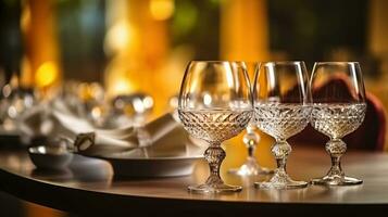 Sparkling glassware and plate on long table prepared for wedding dinner, Generative AI photo