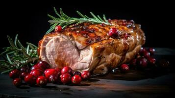 Roasted pork loin with cranberry and rosemary, generative ai photo