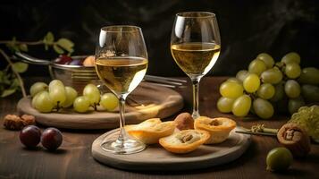 Two wine glasses of vintage chardonnay with delicious appetizers. Couple of glasses of white wine, italian breadsticks, figs and grapes. Interior background. Close up, copy space. AI Generative photo