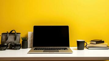 Blank screen laptop computer, various supplies on wooden desk over bright yellow wall background. Creative workspace. Close up shot of table with computer and stationery. AI Generative photo