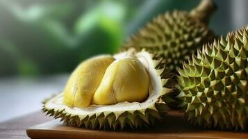 Durian fruit on a wooden board, in the style of focus stacking, dark beige and amber, creative commons attribution. Generative AI photo