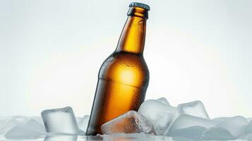 botella de cerveza en hielo en un blanco antecedentes. generativo ai foto