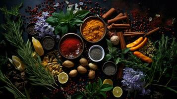 Colorful and aromatic herbs and spices on a dark background. Generative Ai photo