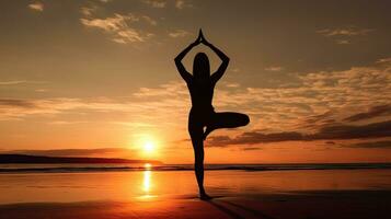 Silhouette young woman practicing yoga on the beach at sunset. Meditation. Generative Ai photo