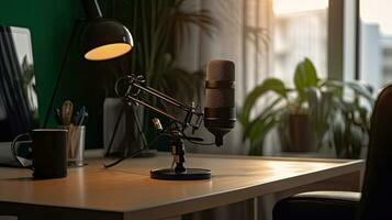 Home studio podcast interior. Microphone, laptop and on air lamp on the table. Generative Ai photo