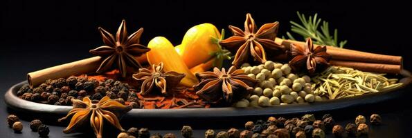 Set of Traditional spices anise, star anise. Ingredients for cooking many dishes. Spices and herbs for cooking. Generative Ai photo