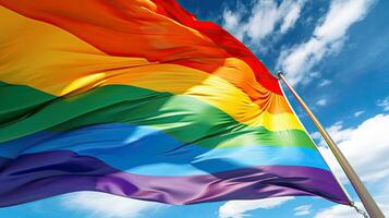 Rainbow gay flag on blue sky background. Rainbow gay flag. Generative Ai photo
