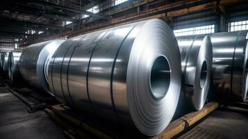 Rolls of galvanized steel sheet inside the factory. Galvanized steel sheet in warehouse. Generative Ai photo