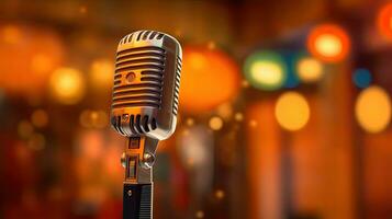 A Retro Microphone On Stage With Bokeh Light. Generative Ai photo