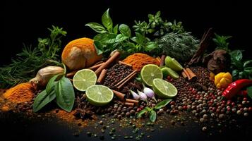 Colorful and aromatic herbs and spices on a dark background. Generative Ai photo