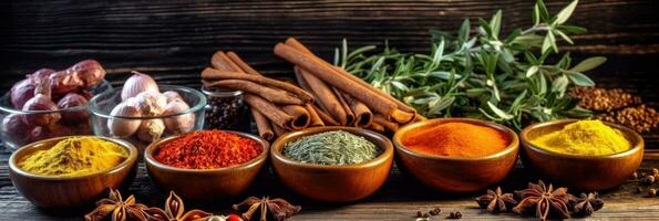 Set of Spices and herbs for cooking. Small bowls with colorful seasonings and spices, basil, pepper, saffron, salt, paprika, turmeric on rustic wooden plank table background. Generative Ai photo