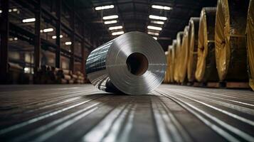 Rolls of galvanized steel sheet inside the factory. Galvanized steel sheet in warehouse. Generative Ai photo