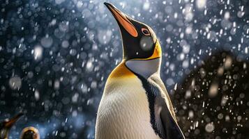 A king penguin gazes skyward as snow falls gently. In the background, other members of the penguin colony also enjoy the rare South Georgia summer snow. Generative Ai photo