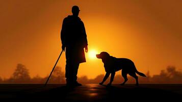 silueta de un guía perro con ciego hombre. dorado, Labrador, guía perro. generativo ai foto