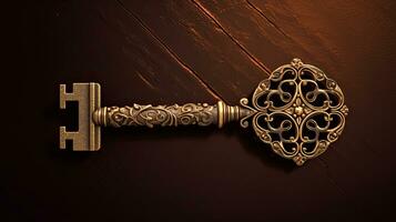 a golden ornamented ancient magic key on brown background. Generative ai photo