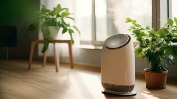 Air purifier on wooden floor in comfortable home. Fresh air and healthy life. Air Pollution Concept. Generative ai photo