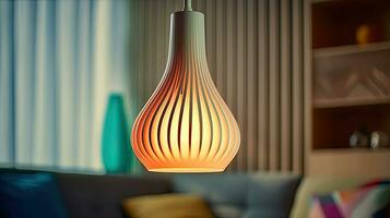 Modern hanging lamp in living room. Idea for interior design. Generative Ai photo