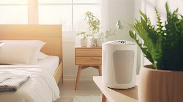 Air purifier in cozy white bedroom for filter and cleaning removing dust PM2.5 HEPA and virus in home,for fresh air and healthy Wellness life. Generative ai photo