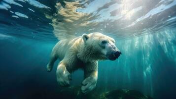 un polar oso nadando submarino en el ártico océano. generativo ai foto