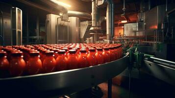 Tomato juice filling machine in industrial plants. Generative Ai photo