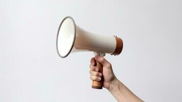 Hand of young man holding megaphone over isolated white background. Generative Ai photo