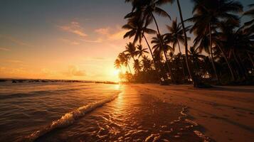 Beautiful beach with coconuts trees at sunset. Generative Ai photo