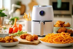 air fryer appliance is on white marble table in nice interior design kitchen dinning room of house. Generative Ai photo