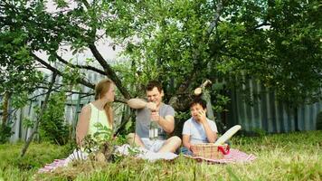 Parents with their son having picnic in the courtyard video