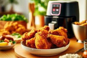 Air fryer with fried breaded chicken on the table in the kitchen. Generative Ai photo