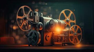 A movie projector and film reels on a dark background. Cinema concept. Generative Ai photo