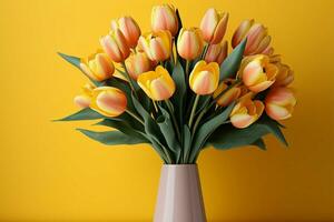 Tulip bouquet, a burst of colors on yellow AI Generated photo