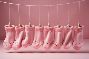 Pink background hosts tiny socks, ready for personalized messages ideal for baby festivities AI Generated photo