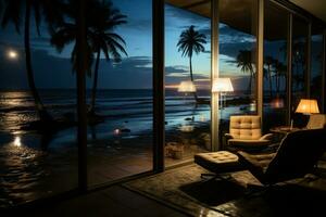 Hotel rooms view at nighttime, overlooking the beach AI Generated photo