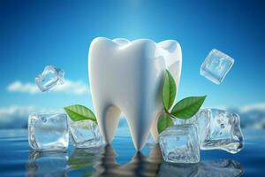 Chill out with toothpaste Giant tooth, ice cubes, and mint AI Generated photo