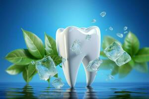 Toothpaste ad template with giant tooth model, ice cubes, and mint leaves AI Generated photo