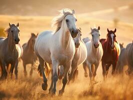 Herd of horses running in dusty meadow at sunset. Generative Ai. photo